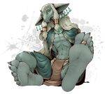  anthro barefoot claws clothed clothing ear_piercing feet foot_fetish foot_focus grey_body hair horn jewelry kredri long_hair male nintendo paws piercing rauru_(tears_of_the_kingdom) simple_background soles solo tears_of_the_kingdom the_legend_of_zelda toe_claws toes 