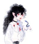  1girl black_choker black_hair blood blood_on_clothes blood_on_face blood_on_mouth blue_nails choker collared_shirt earrings highres jewelry long_hair looking_at_viewer original parted_lips pointy_ears red_eyes sgsg612 shirt snake solo upper_body white_shirt 