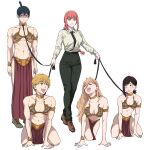  2boys 3girls absurdres all_fours black_hair black_pants blonde_hair braid breasts chainsaw_man collared_shirt cosplay denji_(chainsaw_man) dismaiden hair_between_eyes hayakawa_aki higashiyama_kobeni highres holding holding_leash horns leash long_hair makima_(chainsaw_man) may_the_4th medium_breasts medium_hair metal_bikini multiple_boys multiple_girls necktie pants pelvic_curtain power_(chainsaw_man) princess_leia_organa_solo princess_leia_organa_solo_(cosplay) red_hair red_horns shaded_face sharp_teeth shirt short_hair small_breasts star_wars swept_bangs teeth tongue tongue_out topknot white_background yellow_eyes 