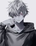  1boy bishounen hair_over_one_eye hand_up highres jacket looking_at_viewer male_focus monochrome original red_eyes short_hair simple_background solo taiyakitarou upper_body white_background white_hair 