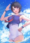  1girl :d absurdres aqua_eyes armpits bare_arms bird black_hair blue_bow blue_hairband blue_shirt blue_sky blush bow breasts cloud cloudy_sky collarbone commentary_request covered_navel cowboy_shot crop_top day fang from_below hairband hand_on_own_hip hand_up highres hololive looking_at_viewer medium_breasts neckerchief old_school_swimsuit one-piece_swimsuit oozora_subaru red_neckerchief sailor_collar school_swimsuit shirt short_hair sky sleeveless sleeveless_shirt smile solo standing swept_bangs swimsuit virtual_youtuber wading water_drop waving white_one-piece_swimsuit wristband yoshiheihe 