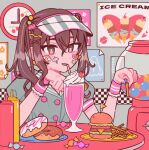  +_+ 1girl analog_clock bottle brown_eyes brown_hair burger buttons candy clock double-breasted doughnut food french_fries green_jacket hair_between_eyes hamuchosu holding holding_food idolmaster idolmaster_cinderella_girls jacket ketchup_bottle looking_at_viewer milkshake multicolored_hair mustard_bottle plate poster_(object) sharp_teeth short_sleeves sidelocks smile solo streaked_hair sunazuka_akira table teeth twintails upper_body visor_cap wrist_cuffs 