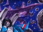  2023 artist_name asteroid flying frown guido_guidi looking_ahead mecha nemesis_(transformers) no_humans open_hands red_eyes robot science_fiction skywarp space spacecraft star_(sky) starfighter thundercracker transformers vehicle_focus 