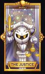  balance_scale black_border blue_cape border cape commentary crescent english_commentary galactic_nova galaxia_(sword) gloves holding holding_scale holding_sword holding_weapon indoors justice_(tarot) kirby_(series) limited_palette meta_knight no_humans pillar quas-quas sabaton shoulder_pads solid_oval_eyes solo star_(symbol) super_smash_bros. sword tarot weapon weighing_scale white_footwear white_gloves white_mask white_veil yellow_eyes 