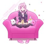  :o armchair black_jacket black_shirt blunt_bangs brown_skirt chair character_name collared_shirt copyright_name danganronpa_(series) danganronpa_2:_goodbye_despair dress_shirt ear_bow hands_up jacket light_brown_hair medium_hair miniskirt misa_(usaginosakura) monokuma monomi_(danganronpa) nanami_chiaki neck_ribbon no_shoes open_clothes open_jacket pillow pink_eyes pink_footwear pink_ribbon pleated_skirt ribbon shirt shirt_tucked_in shoes shoes_removed skirt spaceship_hair_ornament star_(symbol) two-tone_shirt white_background white_shirt 