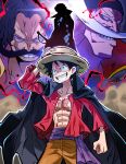  belt black_hair edward_newgate facial_hair gol_d._roger hat highres hyou_(hyouga617) male_focus monkey_d._luffy mustache one_piece pink_shirt pirate red_shirt scar shanks_(one_piece) shirt silhouette smile straw_hat 