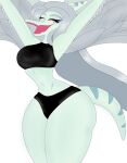  2023 anthro bikini black_bikini black_clothing black_swimwear breasts clothing curvy_figure digital_drawing_(artwork) digital_media_(artwork) dinosaur elbow_feathers eyelashes eyeliner eyes_closed fang_(gvh) feathered_wings feathers female goodbye_volcano_high grey_body grey_scales hair hi_res hourglass_figure jorgeroman574 long_hair long_tail makeup open_mouth pterodactylus pterosaur reptile scales scalie silver_hair simple_background small_waist smile snoot_game snout solo swimwear tail thick_thighs voluptuous white_background wide_hips wings 