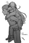  1boy 1girl admiral_(kancolle) beanie boots carrying carrying_person closed_eyes commentary_request greyscale hat hibiki_(kancolle) highres jacket kantai_collection long_hair misato_(3_5_7) monochrome pants piggyback simple_background sketch sleeping winter_clothes zzz 