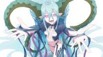  19_chisinlo 1girl aqua_hair blue_panties blue_shirt blue_thighhighs braid breasts choker cropped_shirt curled_horns fate/grand_order fate_(series) hair_between_eyes highleg highleg_panties highres horns jewelry larva_tiamat_(fate) larva_tiamat_(third_ascension)_(fate) long_hair looking_at_viewer navel open_mouth outstretched_arms panties pendant pink_eyes pointy_ears shirt shrug_(clothing) sidelocks small_breasts smile solo striped striped_sleeves striped_thighhighs symbol-shaped_pupils tail thighhighs thighs tiamat_(fate) underwear very_long_hair 