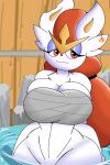  absurd_res amira_o&#039;neil anthro bandage bandaged_chest big_breasts breasts cinderace ear_piercing female fire generation_8_pokemon hair hi_res huge_breasts nintendo notched_ear piercing pokemon pokemon_(species) red_eyes red_hair smile solo unknown_artist water white_body 
