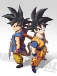  2boys absurdres aged_down black_eyes black_hair blue_sash dragon_ball dragon_ball_daima dragon_ball_gt dual_persona highres horang4628 looking_at_viewer male_focus monkey_boy monkey_tail multiple_boys muscular muscular_male pants ruyi_jingu_bang saiyan sash smile son_goku spiked_hair tail yellow_pants 