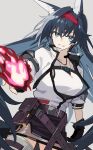  1girl animal_ears arknights black_gloves black_hair blaze_(arknights) blue_eyes breasts cat_ears cat_girl chainsaw chest_belt chest_strap fire gloves grin hairband hand_guard highres holding holding_chainsaw infection_monitor_(arknights) jacket large_breasts long_hair looking_at_viewer originium_arts_(arknights) pyrokinesis red_hairband shiduki_eku shoulder_strap smile solo tank_top white_jacket white_tank_top 