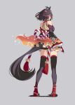  1girl absurdres amano_haruka_(sakogamitokuan) animal_ears bare_shoulders black_hair clenched_hand detached_sleeves dress eye_trail full_body highres horse_ears horse_girl horse_tail kitasan_black_(umamusume) light_trail long_sleeves red_eyes short_hair solo tail thighhighs umamusume white_hair zettai_ryouiki 