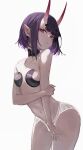  1girl absurdres bare_shoulders bob_cut breasts collarbone detached_collar eyeliner fate/grand_order fate_(series) headpiece highres horns koko_sasuwo looking_at_viewer makeup navel oni oni_horns panties pointy_ears purple_eyes purple_hair revealing_clothes short_hair shuten_douji_(fate) skin-covered_horns small_breasts solo underwear white_panties 