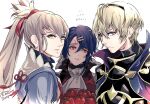  3boys alcryst_(fire_emblem) armor ascot blonde_hair blue_hair brown_eyes closed_mouth fire_emblem fire_emblem_engage fire_emblem_fates food hair_between_eyes hair_ornament hairclip highres leo_(fire_emblem) long_hair looking_at_viewer male_focus multiple_boys ponytail red_eyes short_hair takumi_(fire_emblem) tomato umi_(_oneinchswing) white_ascot white_background yellow_eyes 