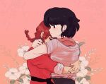  2girls blush braid braided_ponytail closed_eyes couple flower hug multiple_girls plushkaiju ranma-chan ranma_1/2 short_hair simple_background smile tendou_akane white_flower yuri 