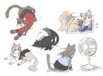  animalization bc_freedom_military_uniform black_hair black_ribbon black_skirt blonde_hair blue_headwear blue_jacket braid braided_ponytail brown_eyes brown_hair cat closed_mouth dress_shirt electric_fan girls_und_panzer green_eyes green_skirt grey_eyes grey_hair hair_ribbon hairband hasekura_(hachinochun) hat highres jacket jumping keizoku_military_uniform long_sleeves looking_at_another looking_at_viewer looking_to_the_side lying marie_(girls_und_panzer) mika_(girls_und_panzer) motion_lines on_side ooarai_school_uniform open_mouth pleated_skirt raglan_sleeves red_jacket reizei_mako ribbon rukuriri_(girls_und_panzer) school_uniform serafuku shimada_arisu shirt single_braid sitting skirt sleeping smile st._gloriana&#039;s_military_uniform translated tulip_hat unworn_hat unworn_headwear white_background white_hairband white_shirt white_skirt 