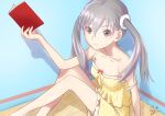  1girl artist_name bare_shoulders blue_background book bow_shorts breasts brown_eyes camisole closed_mouth collarbone commentary dated from_above grey_hair hair_between_eyes holding holding_book huumoon indoors knees_up light_frown long_hair looking_at_viewer looking_up monogatari_(series) oikura_sodachi on_floor open_book owarimonogatari pajamas pink_background polka_dot polka_dot_camisole polka_dot_pajamas polka_dot_shorts scrunchie shadow shorts signature sitting sleeveless small_breasts solo spaghetti_strap strap_slip twintails white_scrunchie wooden_floor yellow_camisole yellow_shorts 