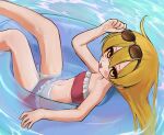  1girl afloat ahoge bare_shoulders bikini blonde_hair blush_stickers character_request copyright_request eyewear_on_head flotation_belt from_above hair_between_eyes highres holding holding_eyewear long_bangs long_hair looking_at_viewer lying navel on_back open_mouth pink_bikini sleeveless smile sunglasses swimsuit uee_m water wet wet_hair yellow_eyes 