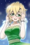  1girl absurdres akatsuki_kirika blonde_hair breasts dress frills green_dress green_eyes hair_ornament hands_on_own_face highres looking_at_viewer maco_tie medium_breasts open_mouth senki_zesshou_symphogear short_hair smile solo standing teeth x_hair_ornament 