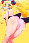  1girl alternate_form animal_ears ass back bare_shoulders bent_over black_shirt blonde_hair breasts closed_mouth clothes_pull coattails commentary crotch_seam cure_honey cure_honey_(popcorn_cheer) drill_hair earrings fake_animal_ears fake_tail from_behind hair_ribbon happinesscharge_precure! heart heart_earrings highres jewelry kneepits large_breasts leaning_forward long_hair looking_at_viewer looking_back magical_girl oomori_yuuko panties pink_panties precure rabbit_ears rabbit_tail ribbon ryuuta_(cure_ryuuta) shirt shirt_pull sidelocks simple_background smile solo standing tail trefoil twin_drills twintails underwear yellow_background yellow_eyes 