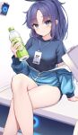  1girl absurdres blue_archive blue_buruma blue_eyes blue_hair blue_jacket blue_shirt blush bottle breasts buruma crossed_legs gym_uniform halo highres jacket legs long_hair looking_at_viewer off_shoulder open_clothes open_jacket shirt short_sleeves sitting smile solo thighs track_jacket water_bottle yuuka_(blue_archive) yuuka_(track)_(blue_archive) yuye 