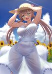  1girl :d armpits arms_up backlighting bare_arms blue_sky breasts brown_hair cloud commentary_request curvy day dress flower green_eyes hair_between_eyes hat large_breasts long_hair looking_at_viewer maku_ro open_mouth original outdoors see-through sky smile solo standing straw_hat sun_hat sunflower twintails white_dress wide_hips 