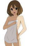  1girl brown_eyes brown_hair collarbone covering cowboy_shot hair_between_eyes highres hirasawa_yui k-on! looking_at_viewer naked_towel no_hair_ornament no_hairclip nude_cover open_mouth short_hair simple_background solo standing towel tsuranukko white_background 