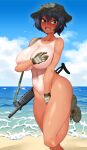  1girl absurdres beach black_hair blush boots breasts brown_eyes covering covering_breasts covering_crotch day embarrassed highres kirochef large_breasts navel nipples nude one-piece_tan open_mouth original outdoors sharp_teeth shiny_skin short_hair solo standing sweat tan tanlines teeth tomboy wet 