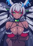  1girl absurdres ahoge arm_under_breasts bacon_strips bare_shoulders bikini borrowed_character breasts choker cleavage collarbone commission dark-skinned_female dark_skin green_eyes grey_hair grin highres large_breasts looking_at_viewer multicolored_hair navel o-ring o-ring_bikini o-ring_top original parted_lips red_bikini red_hair short_hair smile solo swimsuit teeth upper_body 