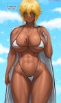  1girl abs aqua_eyes arrancar bikini bleach blonde_hair blue_sky breast_tattoo breasts cleavage closed_mouth cloud collarbone commentary covered_nipples crossed_bangs curvy dark-skinned_female dark_skin english_commentary english_text facial_mark hair_between_eyes half-closed_eyes hand_up highleg highleg_bikini highres huge_breasts micro_bikini mixed-language_commentary navel number_tattoo outdoors paid_reward_available patreon_username skindentation sky solo superbusty swimsuit tattoo thick_thighs thigh_gap thighs tier_harribel toned underboob web_address white_bikini wide_hips 