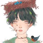  1boy animal_on_shoulder bird bird_nest bird_on_shoulder black_hair branch brown_eyes commentary crack crying crying_with_eyes_open egg empty_eyes english_commentary expressionless green_shirt kikkidream leaf leaf_on_head long_eyelashes male_focus nest original realistic red_lips robin_(bird) shirt short_hair solo streaming_tears tears upper_body white_background 