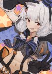  1girl black_gloves gloves granblue_fantasy highres looking_at_viewer midriff navel open_mouth punished_pigeon red_eyes suspenders v vikala_(granblue_fantasy) vikala_(halloween)_(granblue_fantasy) white_hair 