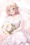  1girl 5pb. blonde_hair blush bouquet breasts bridal_gauntlets cleavage dress flower green_eyes holding holding_bouquet kagamigawa_noelle long_hair memories_off memories_off_innocent_fille mujinbensin open_mouth rose smile solo teeth upper_teeth_only wedding_dress white_dress white_flower white_rose 