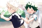 2boys absurdres aged_down all_might bakugou_katsuki black_shirt black_shorts blonde_hair blue_shirt blush boku_no_hero_academia bush card character_name child closed_eyes commentary curly_hair day eyes_visible_through_hair freckles from_side green_hair grey_shirt grin hands_up happy highres holding holding_card holding_hands light looking_ahead male_focus meltnotmelt midoriya_izuku multiple_boys open_mouth outdoors outstretched_arm outstretched_arms profile radar_chart raglan_sleeves red_eyes round_teeth sanpaku shirt short_hair short_sleeves shorts sideways_mouth smile spiked_hair sunlight symbol-only_commentary t-shirt teeth trading_card upper_body walking 