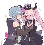  &gt;_&lt; 2girls black_dress black_flower black_gloves black_horns black_sleeves blonde_hair blue_eyes blue_hair blush braid breasts cleavage closed_eyes commentary_request criss-cross_halter crown detached_sleeves dress ear_piercing elbow_gloves fingerless_gloves floral_print flower flying_sweatdrops frilled_dress frills fubuki_clockford gloves hair_flower hair_ornament halterneck hand_grab highres hooded_coat horns komatta_nagito large_breasts long_hair looking_at_another master_detective_archives:_rain_code multicolored_hair multiple_girls nose_blush open_mouth piercing pink_flower pink_hair shinigami_(rain_code) shy simple_background single_braid sleeveless_coat smile sparkle sweatdrop twin_braids two-tone_hair very_long_hair white_background 