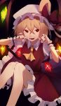 1girl ascot blonde_hair bow claw_pose collared_shirt commentary crystal feet_out_of_frame fingernails flandre_scarlet frilled_skirt frills hair_between_eyes hands_up hat hat_bow highres kuroto_(cfdg3537) looking_at_viewer medium_hair mob_cap nail_polish open_mouth puffy_short_sleeves puffy_sleeves red_bow red_eyes red_nails red_skirt red_vest shirt short_sleeves skirt skirt_set solo teeth touhou vest white_headwear white_shirt wings wrist_cuffs yellow_ascot 