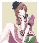  1girl blunt_bangs breasts brown_hair dress expressionless foot_out_of_frame foreshortening grey_background hand_on_own_face hand_up hat head_tilt holding holding_plant kashiwada_kiiho knee_up looking_at_viewer nishida_satono parted_lips plant puffy_short_sleeves puffy_sleeves purple_dress purple_eyes short_hair_with_long_locks short_sleeves simple_background sitting small_breasts solo tate_eboshi touhou 