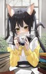  1girl absurdres animal_ear_fluff animal_ears animal_ears_(norankkori) black_hair black_sailor_collar blush book book_stack bow bowtie cat_ears cat_girl cat_tail closed_mouth coffee_bean_hair_ornament commentary cup double-parted_bangs hair_between_eyes hair_ornament highres holding holding_cup hot_drink jacket leaf long_sleeves looking_at_viewer off_shoulder original paper sailor_collar shirt solo symbol-only_commentary tail twintails upper_body white_shirt window yellow_bow yellow_bowtie yellow_eyes yellow_jacket 
