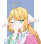  1girl ahoge animal_ears blonde_hair blue_background blush chinese_clothes closed_mouth ears_down fox_ears green_eyes hand_on_own_cheek hand_on_own_face hand_up hanfu head_rest highres huyao_xiao_hongniang kumu_zaisheng layered_sleeves long_hair looking_to_the_side one_eye_closed pink_shirt shirt solo tushan_honghong two-tone_background upper_body white_background wide_sleeves 