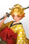  1boy agatsuma_zenitsu blonde_hair crossdressing danryoku_(ucrh3525) forked_eyebrows gradient_clothes hair_ornament hair_pulled_back hair_stick hand_up highres holding holding_sword holding_weapon japanese_clothes kimetsu_no_yaiba kimono lipstick long_sleeves looking_afar makeup male_focus obi otoko_no_ko sash short_hair simple_background solo sword triangle_print upper_body weapon white_background wide_sleeves yellow_eyes yellow_kimono 