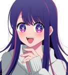  1girl :d anime_coloring blush commentary fuyu_nur highres hood hoodie hoshino_ai_(oshi_no_ko) long_hair long_sleeves looking_at_viewer multicolored_hair open_mouth oshi_no_ko pink_hair purple_eyes purple_hair sidelocks simple_background smile solo star-shaped_pupils star_(symbol) streaked_hair swept_bangs symbol-shaped_pupils teeth upper_body upper_teeth_only white_background white_hoodie 