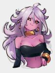  1girl android_21 breasts cleavage colored_skin dragon_ball dragon_ball_fighterz grey_hair kemachiku long_hair majin_android_21 medium_breasts pink_skin solo upper_body 