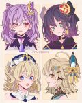  4girls ahoge alternate_hair_length alternate_hairstyle aqua_eyes ayacchirin barbara_(genshin_impact) bare_shoulders black_choker black_hair blonde_hair blue_eyes choker commentary_request cone_hair_bun earrings from_side genshin_impact gradient_hair green_eyes grin hair_bun hair_ornament hairclip half_updo head_tilt highres jewelry keqing_(genshin_impact) kirara_(genshin_impact) looking_at_viewer medium_hair mona_(genshin_impact) multicolored_hair multiple_girls no_headwear open_mouth parted_lips profile purple_eyes purple_hair shirt sleeveless sleeveless_shirt smile white_shirt 