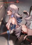 1boy 1girl absurdres all_fours ass black_gloves black_pantyhose breasts bronya_rand caelus_(honkai:_star_rail) clothed_sex doggystyle drill_hair earrings fingerless_gloves from_side gameplay_mechanics gloves grabbing_another&#039;s_hair grey_eyes greyscale health_bar hetero highres honkai:_star_rail honkai_(series) jewelry kie_(wylee2212) large_breasts long_hair monochrome nipples open_mouth pantyhose sex solo_focus tongue tongue_out torn_clothes torn_pantyhose trailblazer_(honkai:_star_rail) 