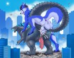  anal anal_penetration anthro anus balls bodily_fluids butt canid canine canis city cityscape cum cum_in_ass cum_inside dorsal_spikes duo erection from_behind_position fur furrypur genital_fluids genitals godzilla godzilla_(series) grey_body grey_scales herm hi_res intersex intersex/male kaiju knot macro male mammal monster mounting multicolored_body multicolored_fur open_mouth penetration penis raised_leg reptilian_tail scales sex tail teeth toho wolf 