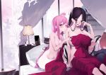  2girls ahoge bed black_hair breasts cellphone chinese_commentary commentary green_eyes indoors lamp large_breasts long_hair multiple_girls nude on_bed one_eye_closed open_mouth original phone pillow pink_hair red_eyes sitting sleepy small_breasts very_long_hair window yaguo 