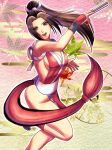  1girl bare_shoulders black_socks breasts brown_hair fatal_fury hand_fan high_ponytail holding holding_fan ichitaroh japanese_clothes looking_at_viewer pink_background shiranui_mai smile socks solo standing standing_on_one_leg the_king_of_fighters 