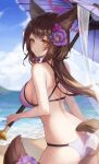 1girl 1yu_x animal_ears ass back bare_back bare_shoulders beach bikini blue_archive breasts brown_hair closed_mouth cowboy_shot day flower fox_ears fox_girl fox_tail from_behind hair_flower hair_ornament halo highres large_breasts long_hair looking_at_viewer looking_back median_furrow official_alternate_costume oil-paper_umbrella outdoors smile solo standing string_bikini swimsuit tail umbrella wakamo_(blue_archive) wakamo_(swimsuit)_(blue_archive) white_bikini yellow_eyes 