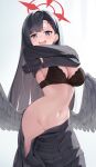  1girl :d absurdres black_bra black_feathers black_gloves black_hair black_shirt black_skirt black_wings blue_archive blue_eyes bra breasts clothes_lift clothes_pull crossed_arms feathered_wings feathers gloves groin halo highres ichika_(blue_archive) large_breasts lifted_by_self long_hair looking_at_viewer low_wings navel open_mouth pleated_skirt rable shirt shirt_lift skirt skirt_pull smile solo stomach underwear undressing very_long_hair wings 